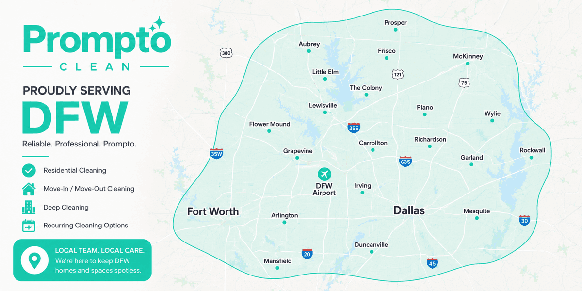 Map of Prompto Clean's DFW service area — Frisco, Plano, Allen, Southlake, McKinney, The Colony, Prosper